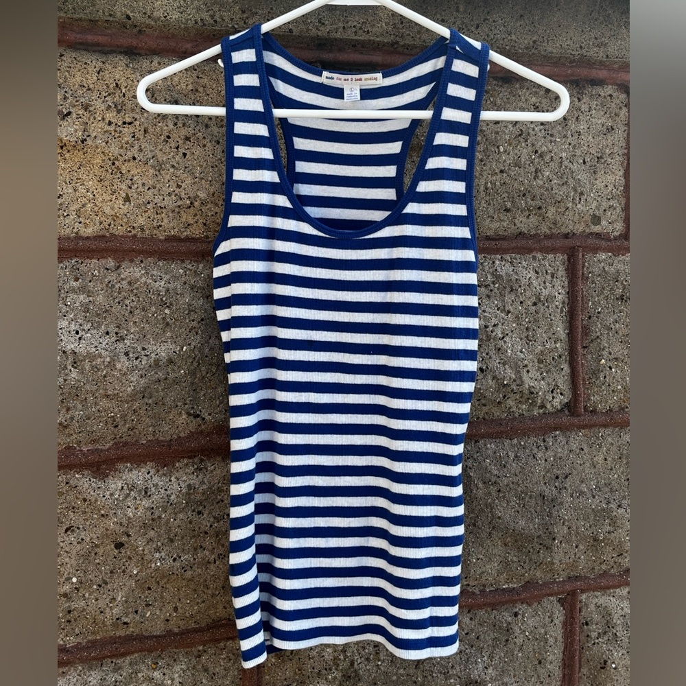 Junior blue and white tank top large striped nautical